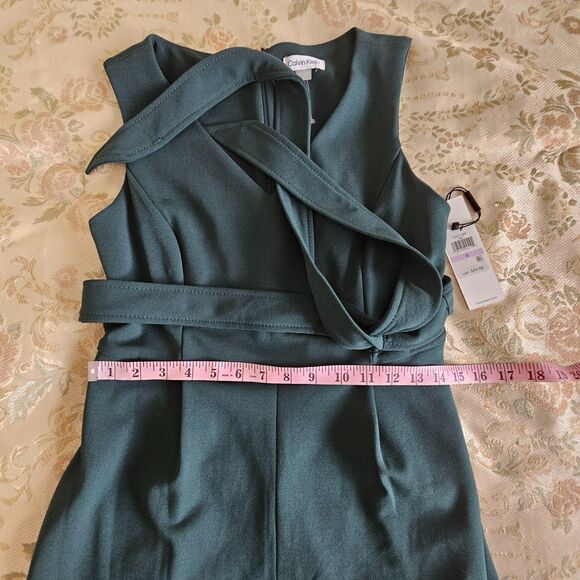 NWT Calvin Klein Green Crinkle Wide Leg Crop Jumpsuit Size 6 Sleeveless Belted - Picture 6 of 8